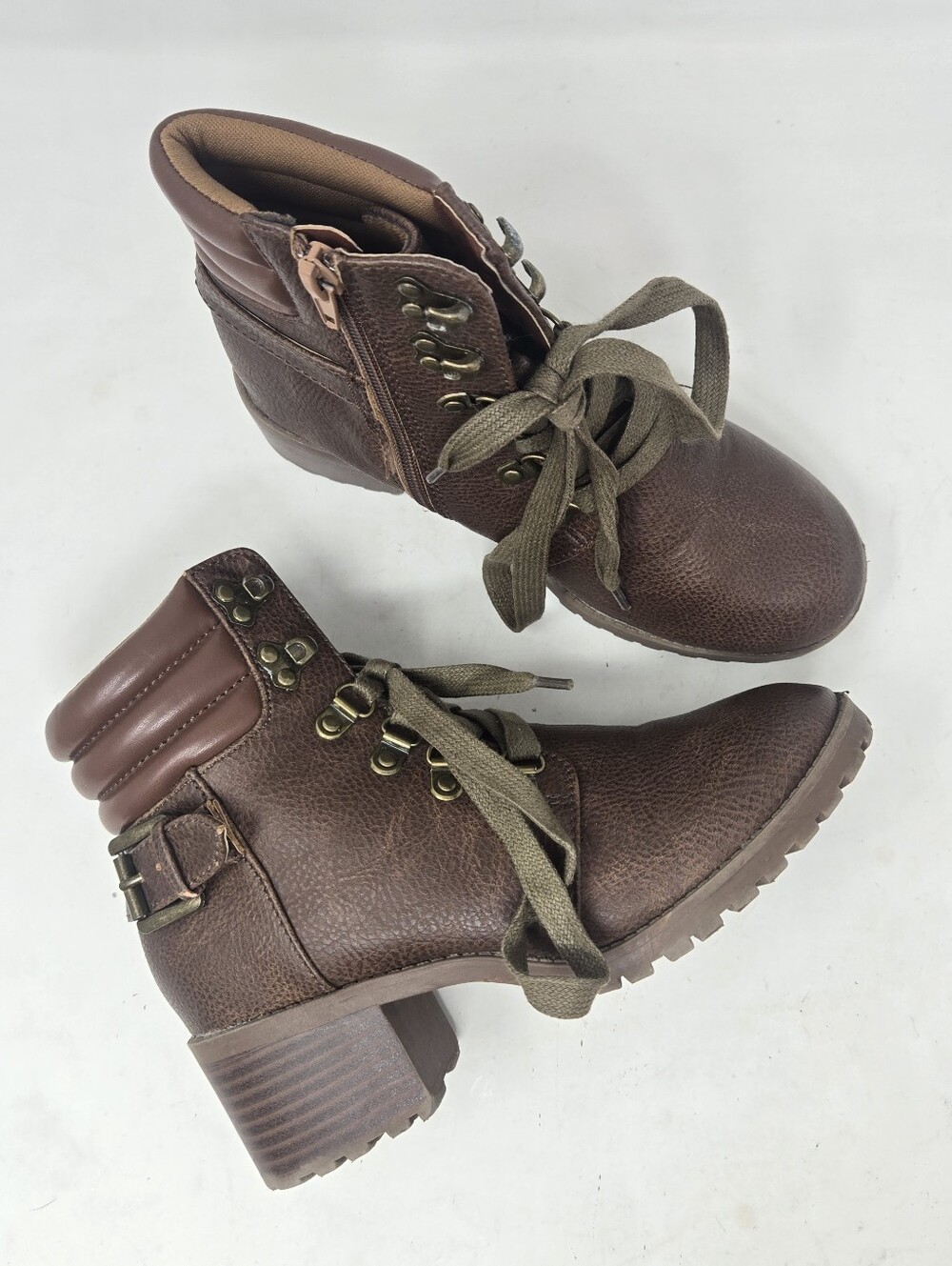 MIA Girl Brown Leather Lace Up Block Heel Combat Boots Girls Size 3M